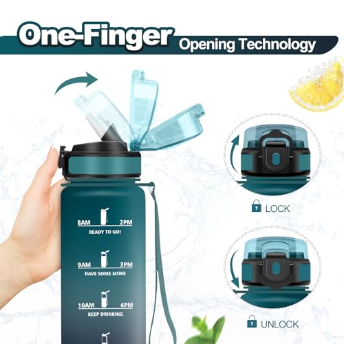 Wasserflasche 1L, Kohlensäure Geeignet, Trinkflasche mit Strohhalm, Trinkflasche Sport Auslaufsicher mit Zeitmarkierung, BPA-frei, Ideal für Outdoor, Fitness, Schule, Büro, Erwachsene, Fahrrad
