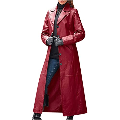 tuduoms Long Faux Leather Trench Coat for Women Button Down Ankle Length Maxi PU Jackets 2022 Ladies Lapel Coat Outwear