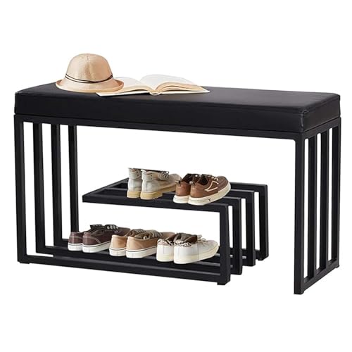 Banc de rangement chaussure 80cm rembourré en cuir PU noir et métal - 2