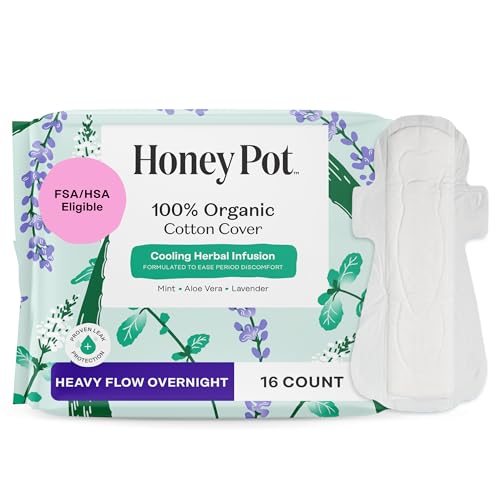 The Honey Pot Company - Herbal Sanitary Pads for Women - Heavy Flow Overnight w/Wings - Infused w/Essential Oils for Cooling Effect & Organic Cotton Cover - Feminine Care - 16 ct