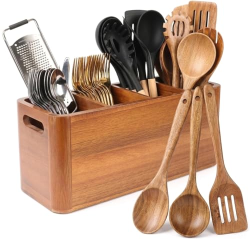 Kitchen Utensil Holder for Counter and Countertop, Acacia Utensil Organizer with 3 Pcs Wooden Spoon Set, Large Drying Holder for Kitchen, 4-Compartment Storage for Cooking Utensils, Kitchen Decor