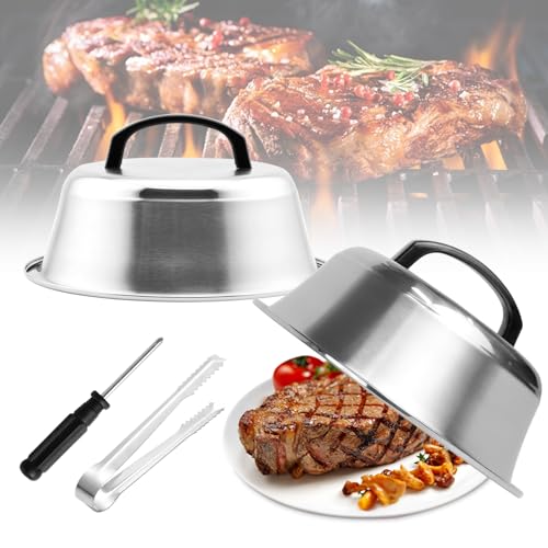 ROTKUSZ Set di 2 Coperchi per Hamburger 22 cm, Campana per Hamburger in Acciaio Inox, con Manico in Plastica, con Cacciavite, Campana per Hamburgers da Cucina, per Bistecche, Formaggio, Hamburgers