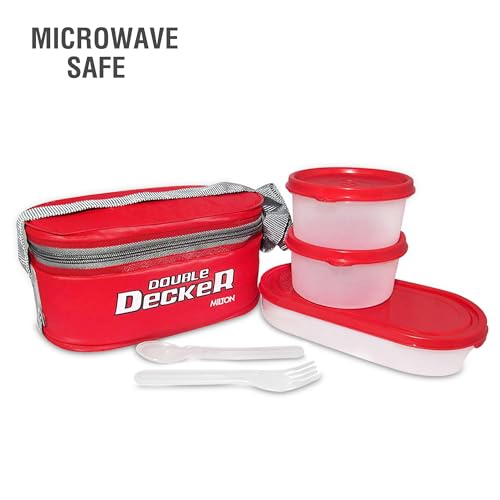Image of MILTON Hydrameal Combo Set Lunch Box with Insulated Jacket & 490 ml Water Bottle, 3 Containers (450 ml, 280 ml, 280 ml), Microwavable & Leak-Proof Tiffin for Office, School & College, Red
