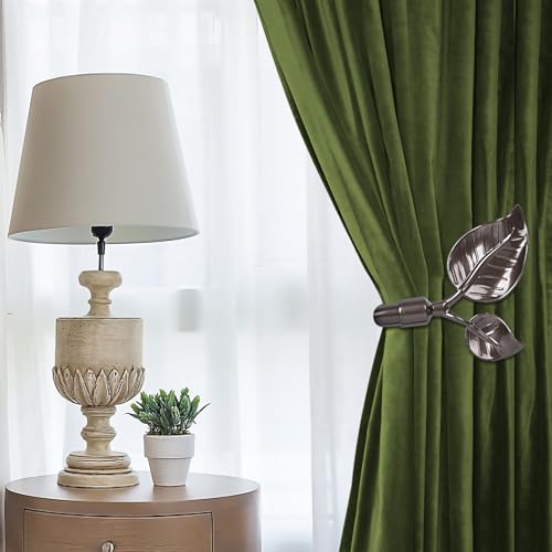 Image of Leaf Shaped Curtain Holdbacks 2pcs, Handmade Metal Curtain Side Holders for Wall, Antique Brass Curtain Tieback Hook Pull Backs for Drapes Window Home Decoration (Fluorescent Brown)