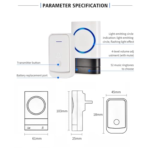 KEWUZY Funktürklingel,Wasserdicht Staub Aussen Klingel Haustür mit 52 Klingeltönen 4 Lautstärken Blinkende LED,Türklingel Set Drahtlose Reichweite 400m (Weiß)