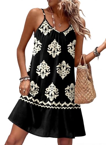 Image of Dokotoo Summer Dresses for Women 2026 Spaghetti Strap Sexy Deep V Neck Smocked Ruffle Flowy Boho Dresses