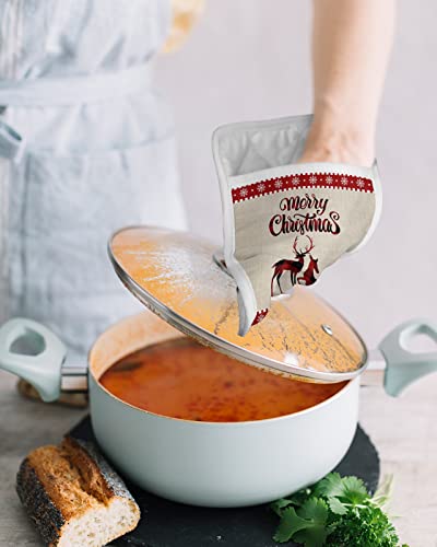 Merry Christmas Reindeer Pot Holders With Pocket For Kitchen, Heat-Resistant Potholders Set Of 2, Hot Pads Oven Mitts With Hanging Loops For Home Cooking Baking Microwave, Buffalo Check #TOP3