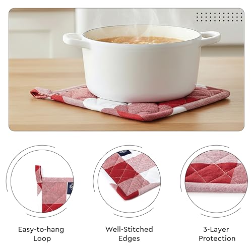 Image of Encasa XO 100% Cotton Apron Set for Women & Men with Adjustable Apron, Oven Gloves & Pot Holder (Pack of 3) Combo, Heat-Resistant, Soft & Durable for Cooking, Baking & Grilling (Buffalo Red Checks)