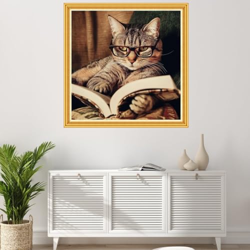 Image of Joyhoor Stamped Cross Stitch Kits for Beginners Needlepoint Kits for Adults Embroidery Kits 11CT Counted Cross Stitch Kits Printed Embroidery Pattern- Cat Reading 18x18 inch
