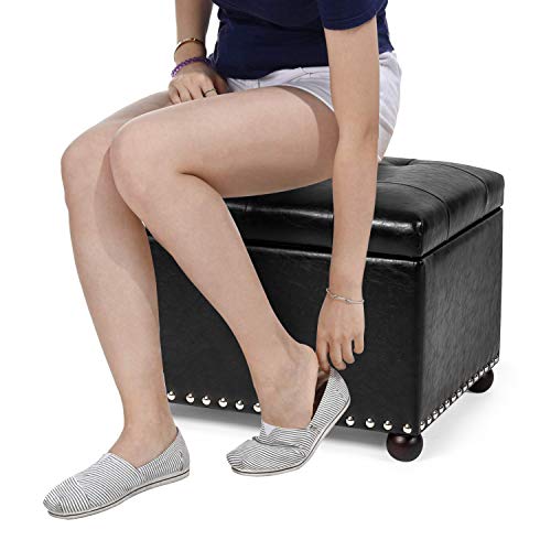 Image of Joveco Leather Storage Ottoman, 24 inch Rectangle Tufted Foot Rest Stool, for Living Room Bedroom, Midnight Black