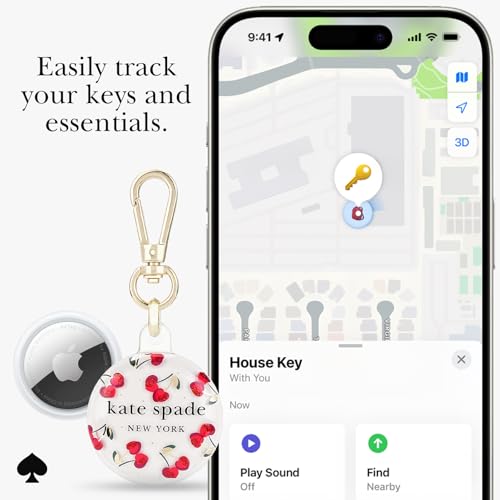 Image of kate spade new york AirTag Holder with Gold Ring Clip - Cherry Dot | Stylish, Anti-Scratch, and Protective Case for Apple AirTag - Attaches Securely to Bags, Luggage, Keys, Purse, Totes & More