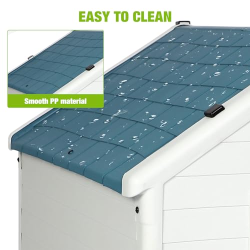 Plastic Outdoor Dog House with Iron Door for Pet Weatherproof Kennel Small to Large Size,Blue & White (L-43 L x 46\" W x 45”H) - Thumbnail 5