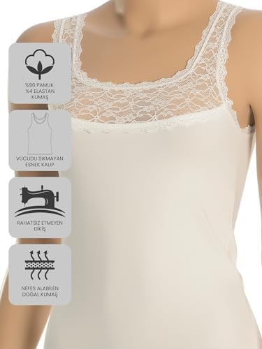 ÖTS Kadın Dantelli Pamuklu Atlet - Ultra Yumuşak, Esnek Kalıp, Askılı Kadın İç Giyim, Nefes Alabilir Kumaş, Zarif Dantelli Kadın Atlet, Günlük ve Özel Kullanım İçin, (Ekru - XL) - Görsel 3