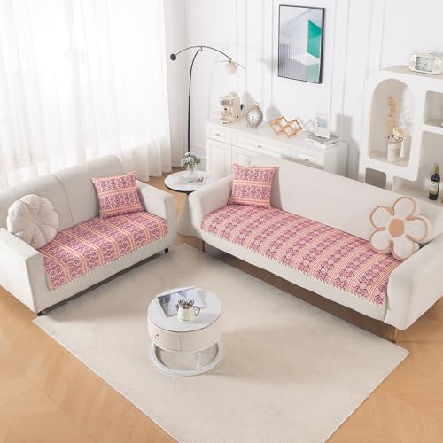 Image of HOKIPO 300 GSM Cotton Acrylic Jacquard Sofa Cover Mat for 5 Seater (3+2) with Tassel, 'Trivana Series' Cherry Red (IN-936+934-J8)