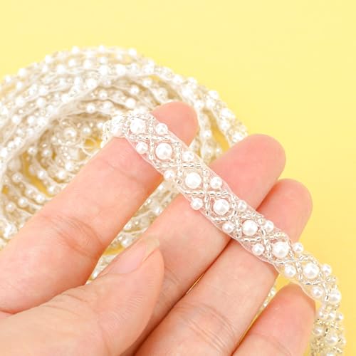 2.3 Yard White Lace Pearl Beaded Trim – Rhinestone Applique Embellishment for Bridal Wedding Dress Strap Sewing DIY Decoration, Ribbon Trimming Edge with Crystal Chain Banding Border Strips Inlaid