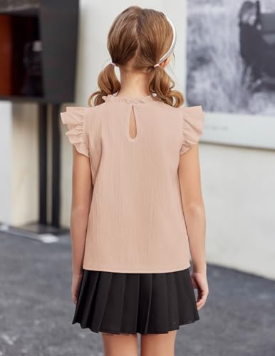 Image of Arshiner Girls Ruffle Short Sleeve Shirts Cute Summer Frill Neck Pleated Textured Blouse Tops