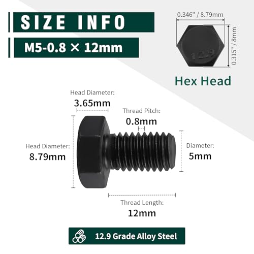 Image of M5-0.8 x 12mm Hex Bolts, High-Strength Metric Class 12.9 Steel Hex Head Screws for Valves Pumps Motors Automotive Suspension Systems, Black Oxide, Full Thread, 50-Pack