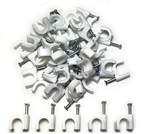 100 x 12mm Blanco Clips Rondos de cable de pared, Clavos de pared de cable Maneja el cable eléctrico CAT5/CAT6,RG6,RG59,RJ45 Cable en Hogar, Oficina, Accesorios de escritorio