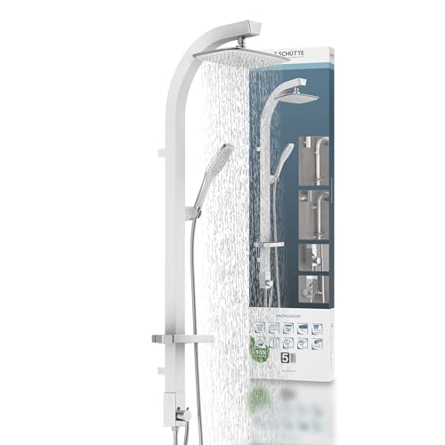 SCHÜTTE MADAGASCAR Douche à effet pluie avec douchette à main, système de douche blanc avec tablette pratique et support mural, ensemble de douche pour...