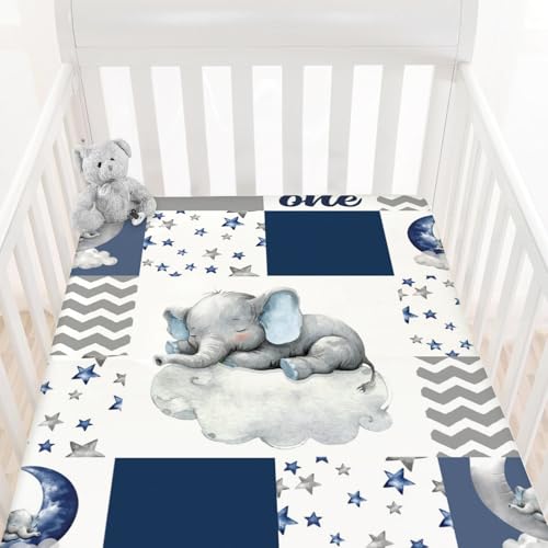 Image of HawSkgFub Navy Blue Sleeping Elephant Fitted Standard Crib Sheet Baby Boy, Dream Big Little One You are So Loved Patchwork Toddler Mattress Cover, Soft Stretchy Nursery Bed Decor Kid Gift 52” x 28”