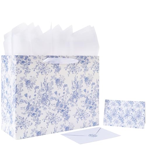 13 Large Blue Floral Gift Bag Set with Handles Greeting Card White Tissue Papers and Stickers for Women Girls for Birthdays Mothers Day Baby shower Valentines Day Bridal Weddings Flowers Design 1 Pcs