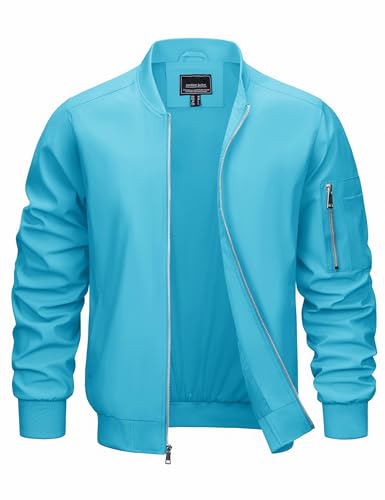 CRYSULLYJackets for Men Lightweight Bomber Windbreaker Full Zip Waterproof Coats Fall Winter Streetwear Ice Blue L