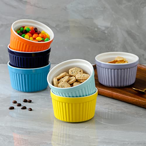 Hasense 6 Oz Ramekins Souffle Dishes,Porcelain Dipping Sauce Bowls Set Of 6,Colorful Ceramic Ramekins Bowls Oven Safe For Baking Souffle Pudding, Creme Brulee, Souffle, Serving Dip, Custard, Ice Cream #TOP6