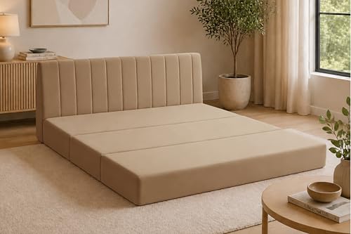 Image of Modern Velvet 3-Seater Sofa Cum Bed, Convertible Sleeper Couch Sofa for Living Room, Bedroom & Office-Golden