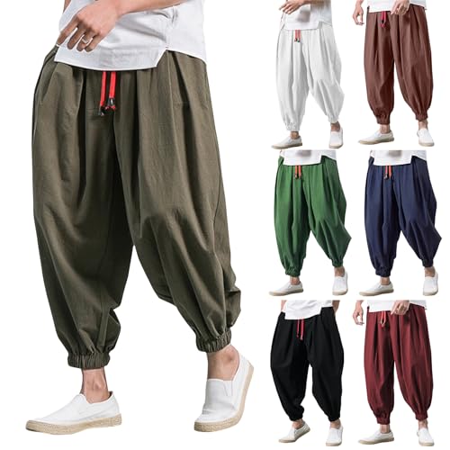 Harem Pants Men Drop Crotch Cotton Linen Pants 2025 Summer Causal Cinch Bottom Lounge Pants Elastic Waist Pants