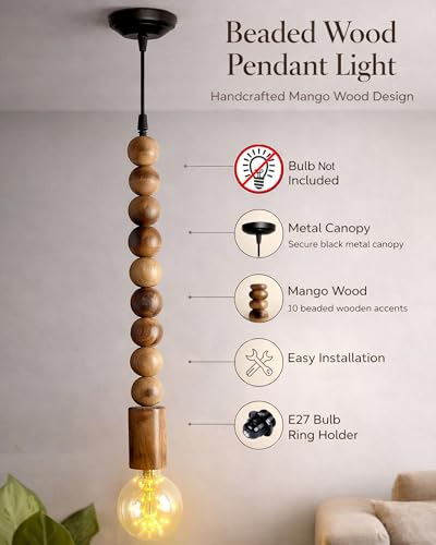 Image of Homesake Wooden Beaded Pendant Light for Living Room | Nordic Hanging Ceiling Lamp with Warm Light | Rustic Modern Pendant Lamp for Bedroom, Dining, Cafe & Home Decor, Dark Brown