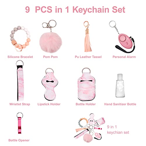 Meture Safety Keychain Set Protection 9Pcs Bracelet Keychain Safety For Women Portable Silicone Bead Key Set For Women With Personal Alarm Key Bracelets With Leather Tassel Pink #TOP1