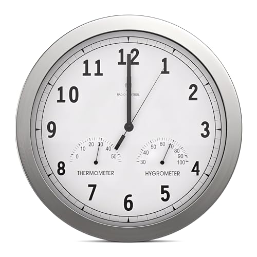 Funk Wanduhr Lautlos 30,5 cm – Funkuhr Wand Ohne Tickgeräusche – Große, gut lesbare Funkwanduhr mit silbernem Zifferblatt, Temperatur & Luftfeuchtigkeit – Moderne Wanduhr für Schlafzimmer, Küche,Büro