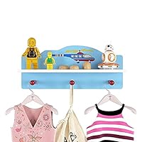 Children's Coat Rack with 3 Hooks and 1 Compartment, Wall Shelf, Wall Coat Rack for Children, Coat Hook, Clothes Hook for Children's Room, Helicopter, 45.5 x 11.5 x 19.5 cm