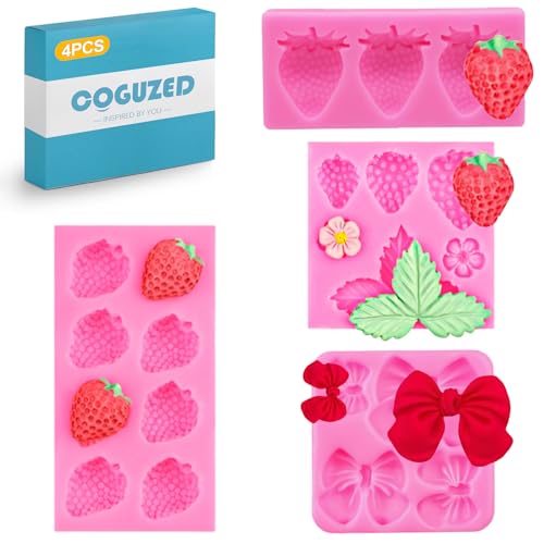 CoguZed 4 Pcs Strawberry and Bow Silicone Molds Fruit and Leaf Fondant Mold for Chocolate Candy Making Cake Decorating and Clay Crafting