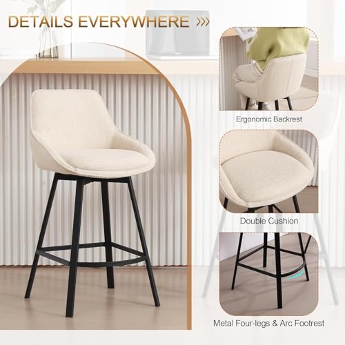 Image of Zesthouse Swivel Bar Stools Set of 4, Modern Counter Height Barstools with Backs, 26'' Upholstered Linen Fabric High Chairs for Island Kitchen, Counter Height Chairs with Metal Legs, Beige