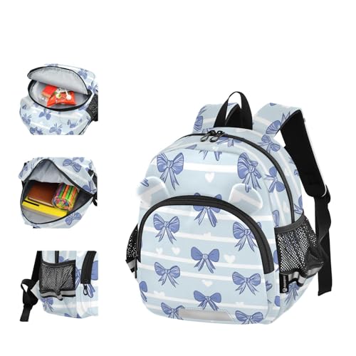 Wusikd Kids Backpack Blue Bows Stripes Hearts Toddler Bags Schoolbag for Girls Boys Kindergarten Student M4