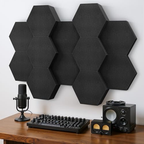 Akustikschaumstoff, 4cm & 7cm Dicke, 12 Stück Hexagon Akustikplatten für Tonstudio, Musikstudio, Büro, Gaming Zimmer, Akustikpaneele Schwarz, Wand, Tür, Decke Schallabsorber,...