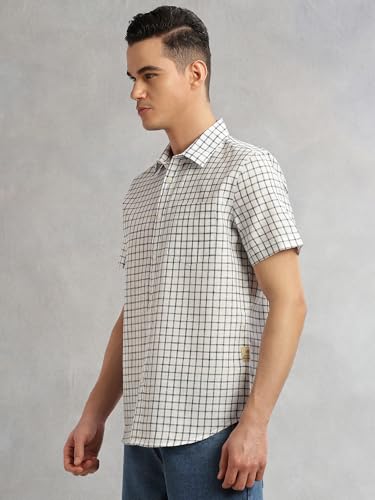 Image of Thomas Scott Men's | Checks | Half Sleeve | Slim Fit | Linen Blend | Spread Collar | Casual Shirt