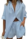 Fixmatti Women Button up Short Sets 2 Piece Outfits Button Down Shirt Shorts Sleeve Sweatsuit Blue XL