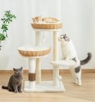 Made4Pets Arbre de chat pour grands chats adultes avec 2 Grand lit de chat en rotin tissé à la main, Tour de chat avec 2 Postes de scratching de chat sisal / 2 Coussins mous/Auto-Groomère / 2 Balles pour l'intérieur Cats-81cm/32