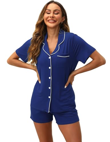 Image of ZMJ Pajamas for Women Set 2 Piece Pj Short Sets Bride Sleepwear Button Up Royal Blue S