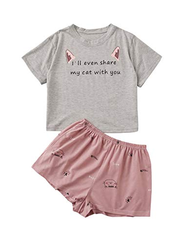 DIDK Women's Cute Cartoon Print Crop Tee and Shorts Pajama Set Grey and Pink M