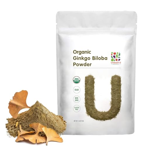 UNLEASH'D ORGANIC Organic Ginkgo Biloba Powder 16 oz, 100% Pure, Vegan, Raw, Non-GMO, Nutrient-Rich