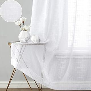 Beauoop Geometric Sheer Curtains Buffalo Check Gingham Voile Window Panels Light Filtering Drapes Grid Eyelet Top Window Treatment for Living Room, Bedroom & Farmhouse, White, 52 x 72 Inches, 2 Panels