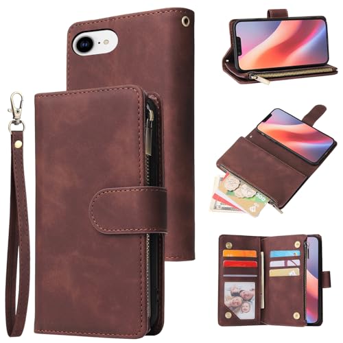 Coque pour iPhone 17e/16e en cuir PU marron café avec porte-cartes