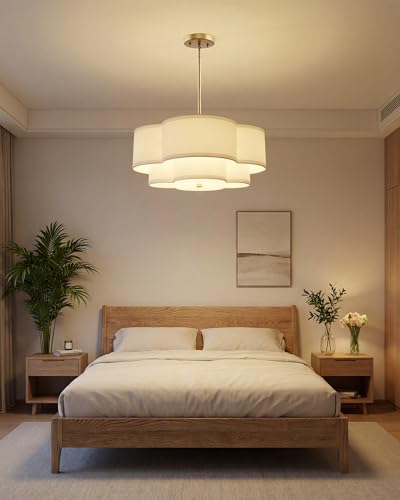 Image of 18 inch Chandelier, 3-Light Gold Pendant Light Fixtures with Dual Layer White Fabric Shade in Quatrefoil Shape, Double Drum Chandeliers for Dining Room Kitchen Living Room Bedroom, AD-22007-3P-GD