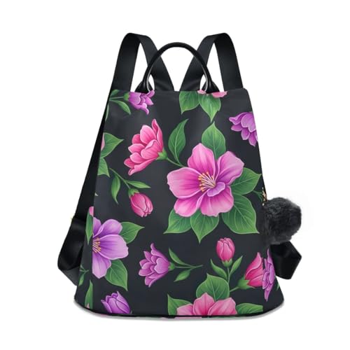 Mochila antirrobo de flores bolsa de viaje de mujer con bolsillo trasero y pompón decorativo