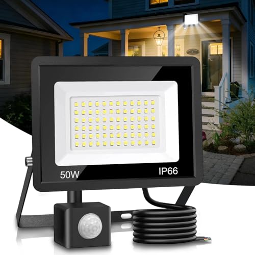 Hoysicy 50W Security Light Outdoor with Motion Sensor 6500K 4200LM LED Floodlight with PIR Sensor IP66 Waterproof Super Bright Ultra Thin for Garage Porch Hallway Stairway