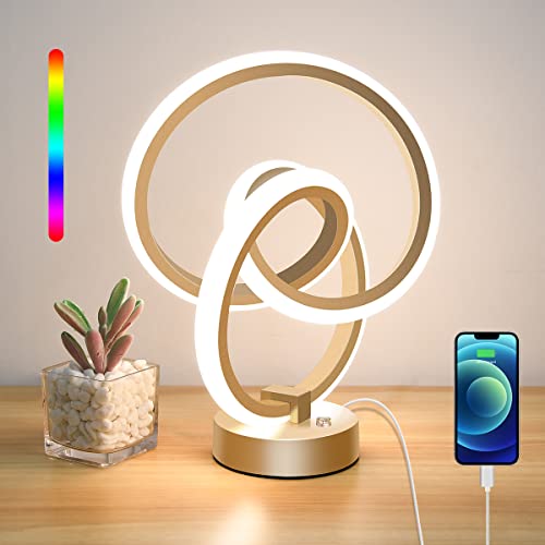 Vocevos Modern Table Lamp Desk Light with USB Port,Living Room Lamps 10.4'' Touch Charging Bedside Lamp Bedroom Night Light 3 Way Dimmable 10 Modes RGB Gold Art Decor Office Ambient Lighting Gifts