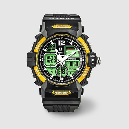PINDOWS Reloj Deportivo de Pulsera Analógico y Digital de Cuarzo para Hombre, Cronógrafo, Acero Inoxidable, Resistente al Agua,Amarillo